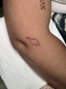 Tatuaje minimalista fineline de una concha hecho en Trip N' Tattoo Barcelona